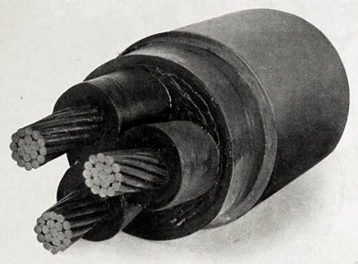 A FULL-SIZE SECTION OF THREE-CONDUCTOR, PAPER-INSULATED CABLE FOR 11,000 VOLT THREE-PHASE TRANSMISSION USED BY THE INTERBOROUGH RAPID TRANSIT CO., NEW YORK.