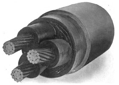 A FULL-SIZE SECTION OF THREE-CONDUCTOR, PAPER-INSULATED CABLE FOR 11,000 VOLT THREE-PHASE TRANSMISSION USED BY THE INTERBOROUGH RAPID TRANSIT CO., NEW YORK.