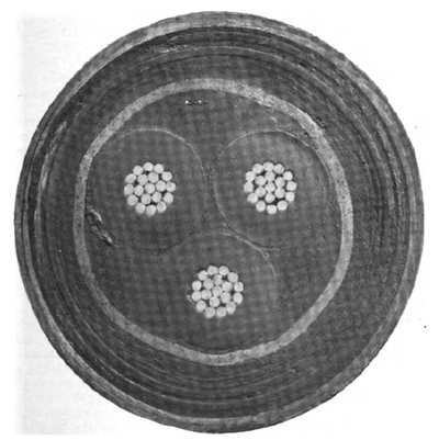 FULL SIZE RUBBER-INSULATED, STEEL-ARMOURED, THREE-CONDUCTOR CABLE FOR SUBMARINE WORK, USED BY THE INTERBOROUGH RAPID TRANSIT COMPANY OF NEW YORK, UNDERNEATH HARLEM RIVER.