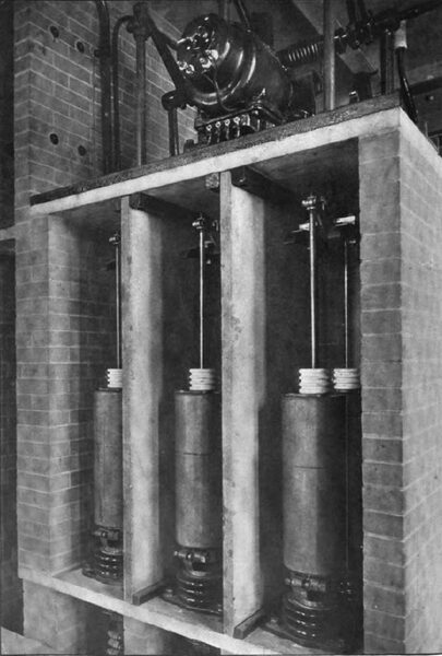 A MOTOR-OPERATED OIL SWITCH FOR 11,000-VOLT THREE-PHASE CIRCUITS, MADE BY THE GENERAL ELECTRIC COMPANY, SCHENECTADY, NEW YORK.