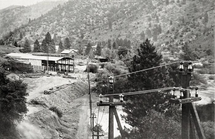 HIGH-TENSION TRANSMISSION LINE LEAVING THE POWER HOUSE AT ELECTRA OF THE STANDARD ELECTRIC COMPANY OF CALIFORNIA