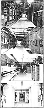 SWITCH HOUSE.  5th Floor - H. T. Bus Bar at Left - Transformers at Right.  4th Floor Instrument Transformers - H. T. Disconnecting Switches.  3d Floor - 2,300-volt Bus Bar - 2,300-volt Oil Switches.  2nd Floor - Disconnecting Switches.