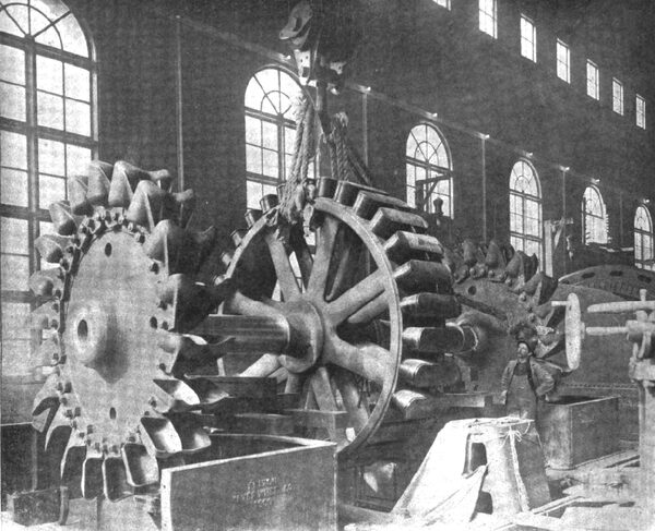 FIG. 7. � PLACING WATER-WHEEL AND ROTOR SHAFT IN BEARINGS.