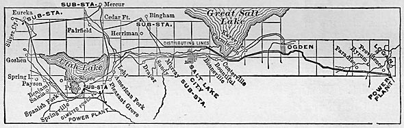 FIG. 5. � MAP OF UTAL VALLEY, SHOWING POWER-HOUSES AND TRANSMISSION AND DISTRIBUTION LINES.