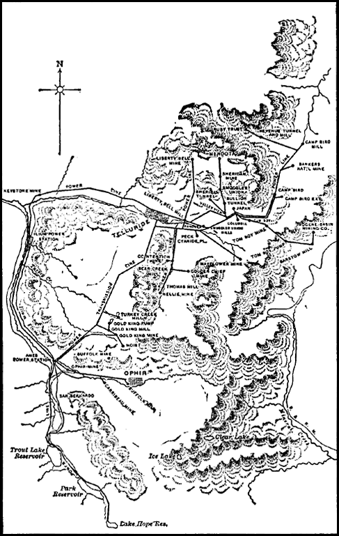 Fig. 1. � MAP OF TELLURIDE DISTRICT, SHOWING SYSTEM OF RESERVOIRS, WATERWAYS AND POWER-HOUSES, TRANSMISSION AND DISTRIBUTION LINES.