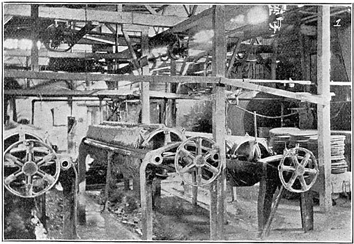 HIGH-TENSION INSULATORS � FILTER PRESSES AND BALL MILLS, SHOWING "LEAVES" OF CLAY AT RIGHT.