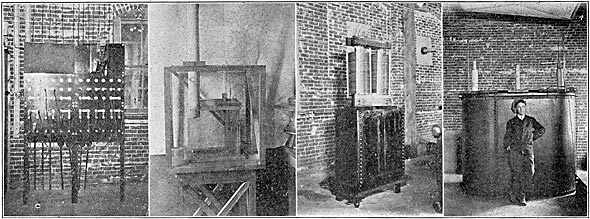 HIGH-TENSION INSULATORS, TESTING DEPARTMENT.  1 � DISTRIBUTION-BOARD.  2 � ELECTROSTATIC VOLTMETER.  3 � PORTABLE 50-KILOWATT, 200,000-VOLT TRANSFORMER.  4 � 500,000-VOLT, 200-KILOWATT TRANSFORMER.