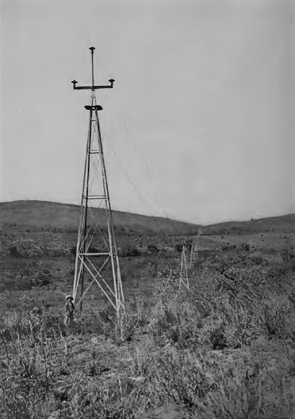 ALONG THE TOWER LINE OF THE GUANAJUATO POWER & ELECTRIC COMPANY. BUILT BY THE AERMOTOR CO., OF CHICAGO, ILL.