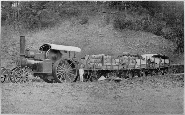 HAULING A 10-TON LOAD OF CEMENT BY A JOHN FOWLER & CO., LTD., LEEDS, ENGLAND, TRACTION ENGINE TO THE SITE OF THE POWER HOUSE OF THE MEXICAN LIGHT & POWER COMPANY.
