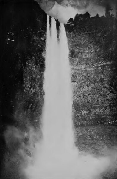 THE SECOND NECAXA FALLS, 740 FEET HIGH. A CAGE FOR LOWERING MACHINERY TO THE POWER HOUSE. IS SHOWN IN THE UPPER LEFT-HAND CORNER