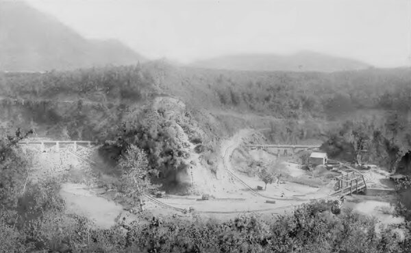 THE VALLEY ABOVE SALTO CHICO, SHOWING THE NECAXA PIPE LINES AND TUNNELS.