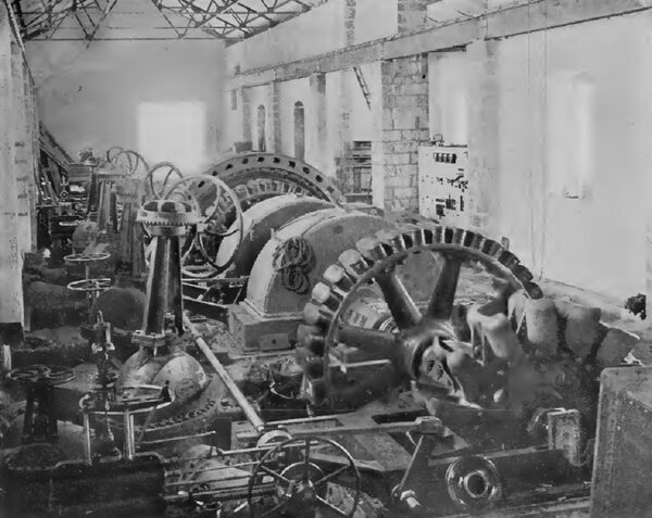 IN THE POWER HOUSE OF THE GUANAJUATO POWER & ELECTRIC COMPANY, NEAR ZAMORA. GENERAL ELECTRIC GENERATORS AND WATER WHEELS MADE BY THE PELTON WATER WHEEL CO., SAN FRANCISCO