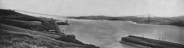 FIG. 4. � CABLES CROSSING THE STRAITS OF CARQUINEZ, CALIFORNIA, USED IN POWER TRANSMISSION BY THE BAY COUNTIES POWER COMPANY.  THE DISTANCE BETWEEN THE TOWERS IS 4427 FEET, MAKING THE CABLE SPAN THE LONGEST IN THE WORLD.  THE CABLES WERE SUPPLIED BY THE JOHN A. ROEBLING�S SONS COMPANY, OF TRENTON, N. J.