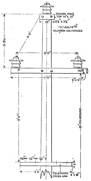 FIG. 8.�PRESENT METHOD OF CONSTRUCTING POLE TOPS FOR 60,000 VOLTS