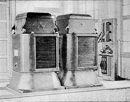 STATIC TRANSFORMERS AT NIAGARA END OF BUFFALO TRANSMISSIO LINE.  200 VOLTS 2 PHASE TO 11,000 VOLTS 3 PHASE.