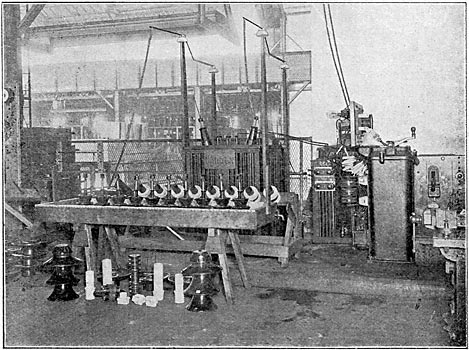 FIG. I � GENERAL VIEW OP AN INSULATOR TESTING DEPARTMENT / Showing transformer, controlling apparatus, insulators in water trough and bushings fitted with jigs on testing rack, also some of the types of insulators tested.