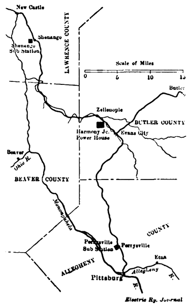 Pittsburg 1200-Volt Line � Map of Pittsburg, Harmony, Butler & New Castle Railway