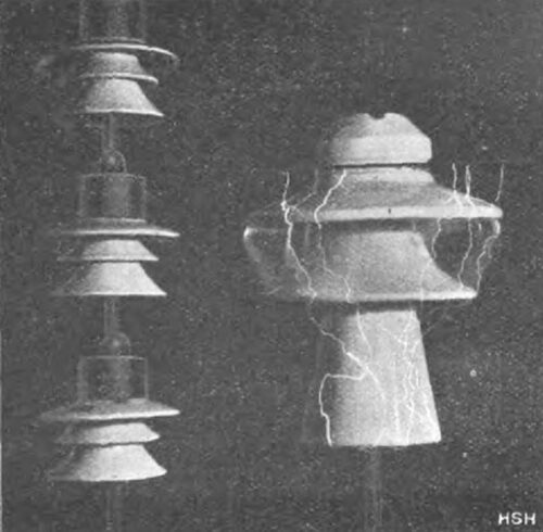 Fig. 21. Comparative test of a post insulator and a group of suspension insulators at 130000 V.