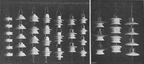 Fig. 23. Various designs of suspended insulators, manufactured among others by the Porcelain Factory Hermsdorf, S.-A.