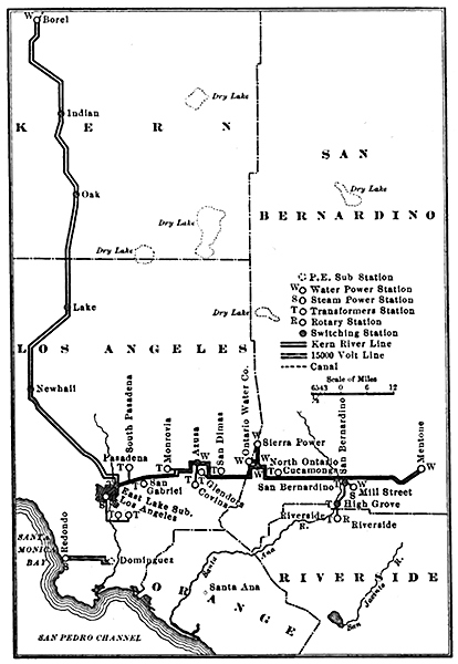 FIG. I.�MAP OF TRANSMISSION SYSTEM OF PACIFIC LIGHT & POWER COMPANY.