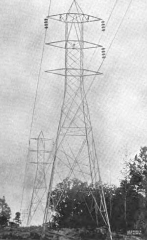 Fig. 4. 100,000 Volt \"Milliken\" Towers with one Circuit Strung