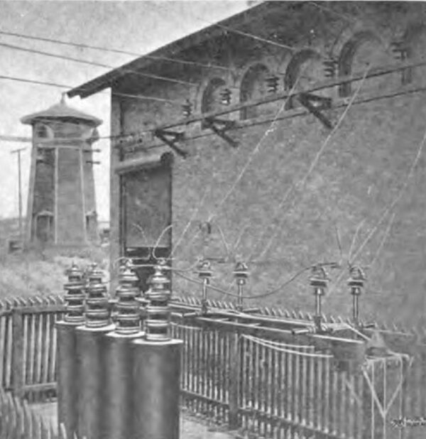 Fig. 7. Highland Park Substation, Charlotte, N. C., Showing Old Lightning Arrester Tower on left, G. E. Aluminum Cell Lightning Arrester and Horn Gap in Foreground