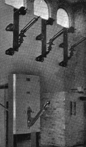 Fig. 8. Interior of Kannapolis Substation Showing Conductors entering through heavy glass plates G.E. K-6 Oil Switch and T.P. Fuses