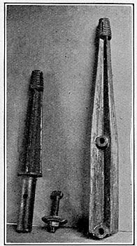 Malleable cast iron pins.  Cross-arm pin fits 1 �-in. hole in old crossarms.  T-headed bolt slips into a seat on a shoulder cast on inside of shank at bottom, and is tightened up under cross-arm.  Weighs 3 � and 7 lb.  Ultimate strength 1800 lb. At line wire. (60,000 volts)