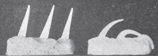 FIG. 1�STANDARD PYRAMIDAL TEMPERATURE CONE PLAQUES.  Shown before firing on the left and after firing on the right.