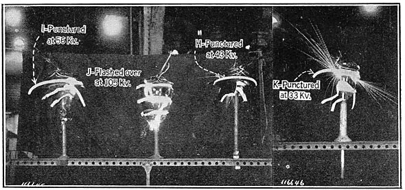 FIG. 34 � 60-CYCLE DRY FLASHOVERS ON INSULATORS H, I AND J AFTER BREAKAGE FROM RIFLE SHOTS