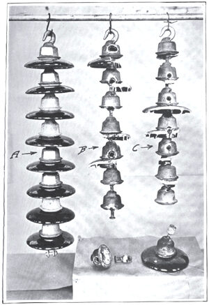 INSULATOR STRINGS REMOVED FROM ST. LOUIS LINES, JUNE AND JULY, 1919. A--String containing five zero resistance units (painted white) located with Keokuk Insulator Tester and removed before trouble occurred. B--String removed from point near Hulls Substation, June 18th. Failure due to thermal trouble. C--String removed from Tower No. 968, June 17th. Failure due to thermal trouble.