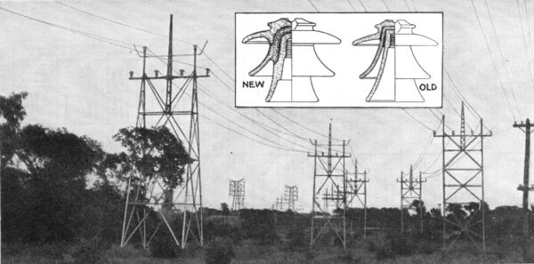FIGS. 1 AND 2�NEW PIN-TYPE INSULATORS USED FOR 90,000-VOLT OPERATION, AND OLD TYPE