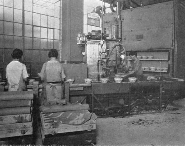 This Crew and Machine Can Produce 2,500 Pieces a Day. Note Compactness of Unit-Conveyor-Machine-Mold Release Dryer.