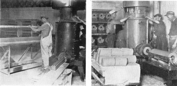 Left�The Long Clay Bars Roughly Shaped Are Cut to Size for Speeding Up the Finishing Operation. Right�Due to the Design of the Auger On this Pugger the Laminations in These Tubes Are Eliminated.