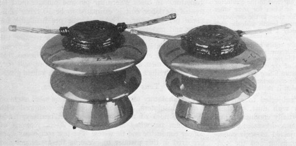 Fig. 1�Asphalt emulsion averts radio interference. After fifteen months exposure to weather and rated voltage the luster of the deposit is dimmed, but the corona-forming voltage is not found to be measurably reduced.