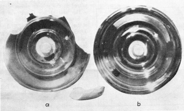 Fig. 2�Glance design (Fig. 1 b) deflects impact without breakage. After twenty shots there was only a bit more chipping of glaze than shown here for ten shots.