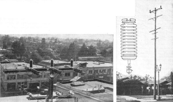 Fig. 2�Original installation of line-post insulators on the Southern California Edison system. At left, construction in the business section and, at right, in the residential area.