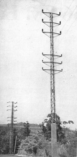 Fig. 4�Line-post insulators on steel tower line carrying two 66-kv. circuits (above) and two 16-kv. (below).