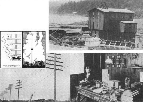 FIRST LINE � Portland General Electric celebrated this month the fiftieth anniversary of long-distance transmission of hydro-electric energy from Oregon City to Portland. Top left�An idea for street lighting that failed. Lower left�First long-distance line built by Willamette Falls Electric. Right�W. C. Cheney, first superintendent, in his electrical laboratory.
