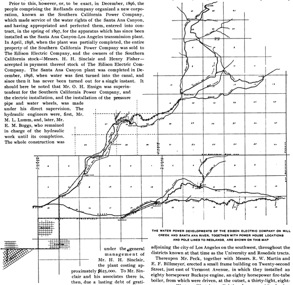 THE WATER POWER DEVELOPMENTS OF THE EDISON ELECTRIC COMPANY ON MILL CREEK AND SANTA ANA RIVER, TOGETHER WITH POWER HOUSE LOCATIONS AND POLE LINES TO REDLANDS. ARE SHOWN ON THIS MAP