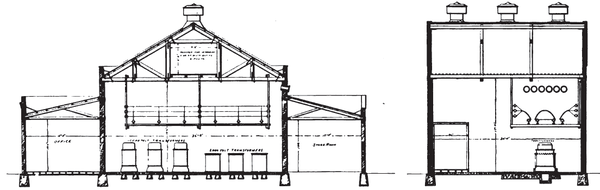 LONGITUDINAL AND SECTIONAL ELEVATION OF THE TYPE OF SUBSTATION ON 30,000-VOLT LINES FOR TOWNS OF FROM 2000 TO 10,000 INHABITANTS