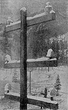 FIG. 4. � 50,000 VOLTS ON LARGE GLASS INSULATORS (UPPER CROSS-ARM) AND ON PORCELAIN INSULATORS (LOWER CROSS-ARM).