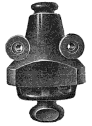 TRANSFORMER PRIMARY CUT-OUT, SHOWING  INSULATOR TOP, HOLES FOR SCREWS AND OPENINGS FOR VIEWING FUSE