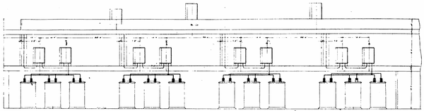Transformers on Main Floor, Generator Oil Switches on First Gallery and Outgoing Line Switches and Sectionalizing Switch on Top Gallery. LONGITUDINAL VIEW OF PORTION OF EQUIPMENT OF DRAINAGE CANAL POWER HOUSE.