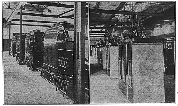 (left) FIG. 4. � HIGH-TENSION AIR BLAST TRANSFORMERS. (right) FIG. 5. � MOTOR-DRIVEN HIGH-TENSION OIL SWITCHES.