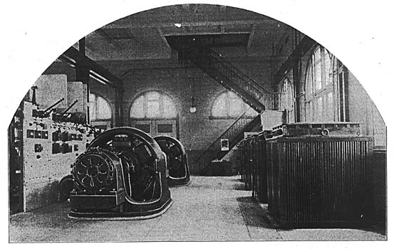 FIG 9. � THE ROTARY CONVERTERS AND STEP-DOWN TRANSFORMERS. EACH TRANSFORMER HAS TWO SECONDARIES, ONE DELIVERING 4400 VOLTS, AND THE OTHER 360 VOLTS.