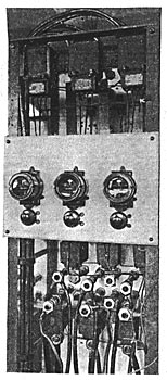 FIG 11. � THE SINGLE-PHASE RELAYS OF THE REVERSE CURRENT CIRCUIT-BREAKERS WITHIN THE DELTAS OF THE 4400-VOLT AND 360-VOLT SECONDARIES OF THE STEP-DOWN TRANSFORMERS.