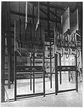 FIG 5. � A VIEW OF THE TWO SETS OF HIGH-TENSION CIRCUIT-BREAKERS USED IN THE TWO BRANCHES FROM THE TWO TRANSMISSION LINES TO THE PARALLEL BUS-BARS OF THE STATION./These breakers will open under 22,000 volts. They are operated by reverse-current relays.