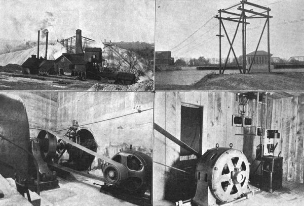 Fig. 1. Type of Better Class of Ore Mills. Fig. 2. Dam, Power House and Long Span Across Shoal Creek. Fig. 3. One of the Generators Showing Connection to Turbine Shaft. Fig. 4. Typical Mill Installation. ELECTRICITY AS USED IN THE OPERATION OF LEAD AND ZINC MINES NEAR JOPLIN, MO.