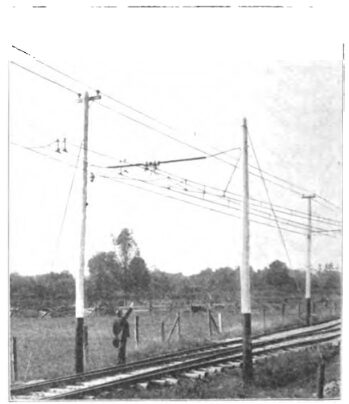 TRACK AND CATENARY OVERHEAD CONSTRUCTION OF WARREN-JAMESTOWN SINGLE-PHASE RAILWAY.